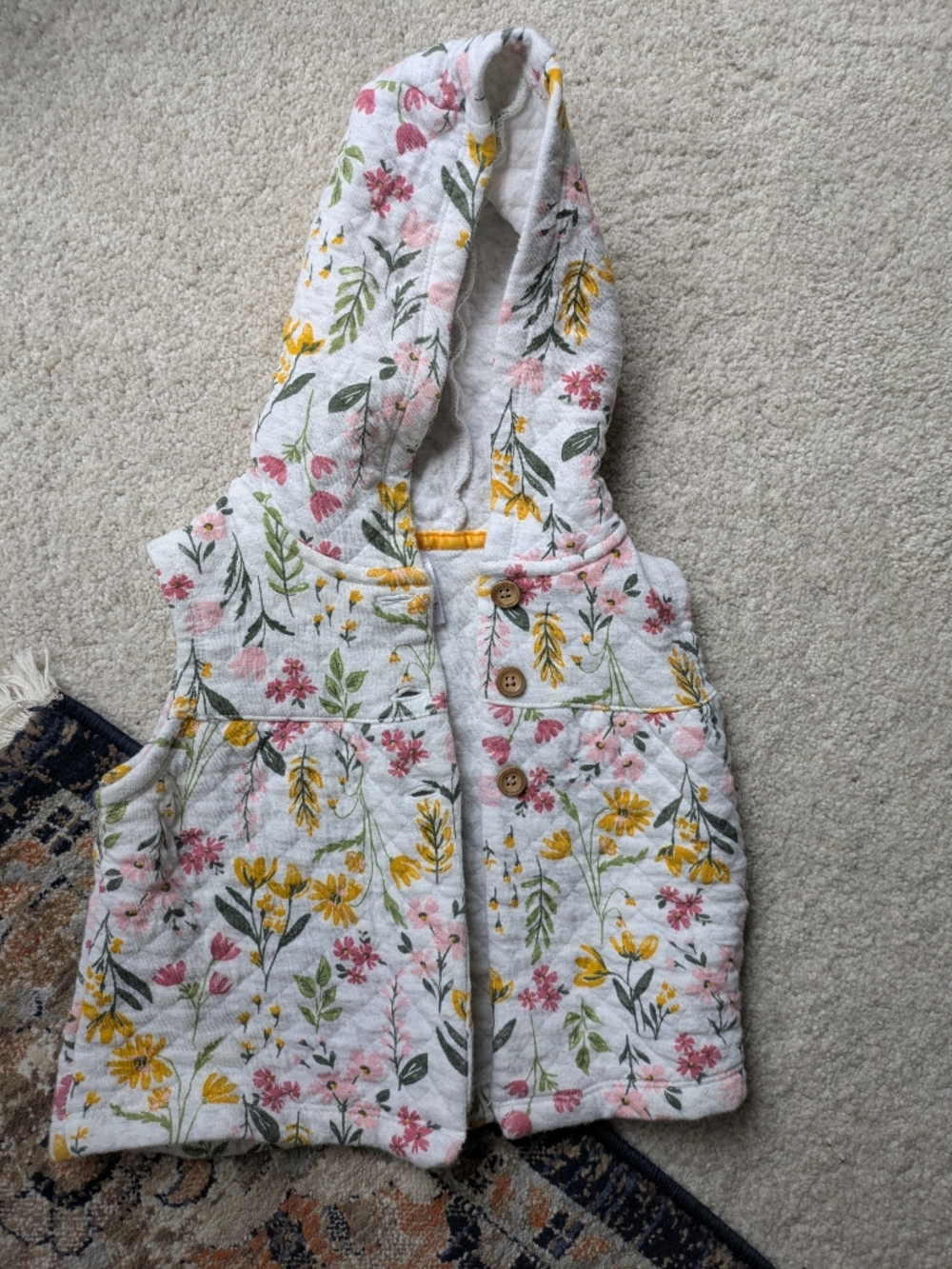 Carter's Quilted Hooded Vest in Yellow, Pink & Green on Cream